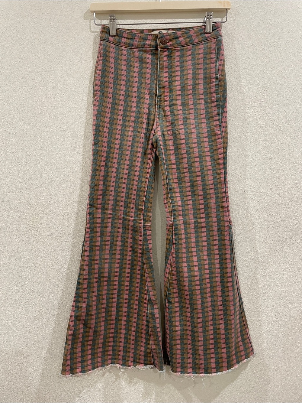 Free People We the Free Penny Flare Jeans Pink‎ Green Blue Plaid 70s Retro Boho
